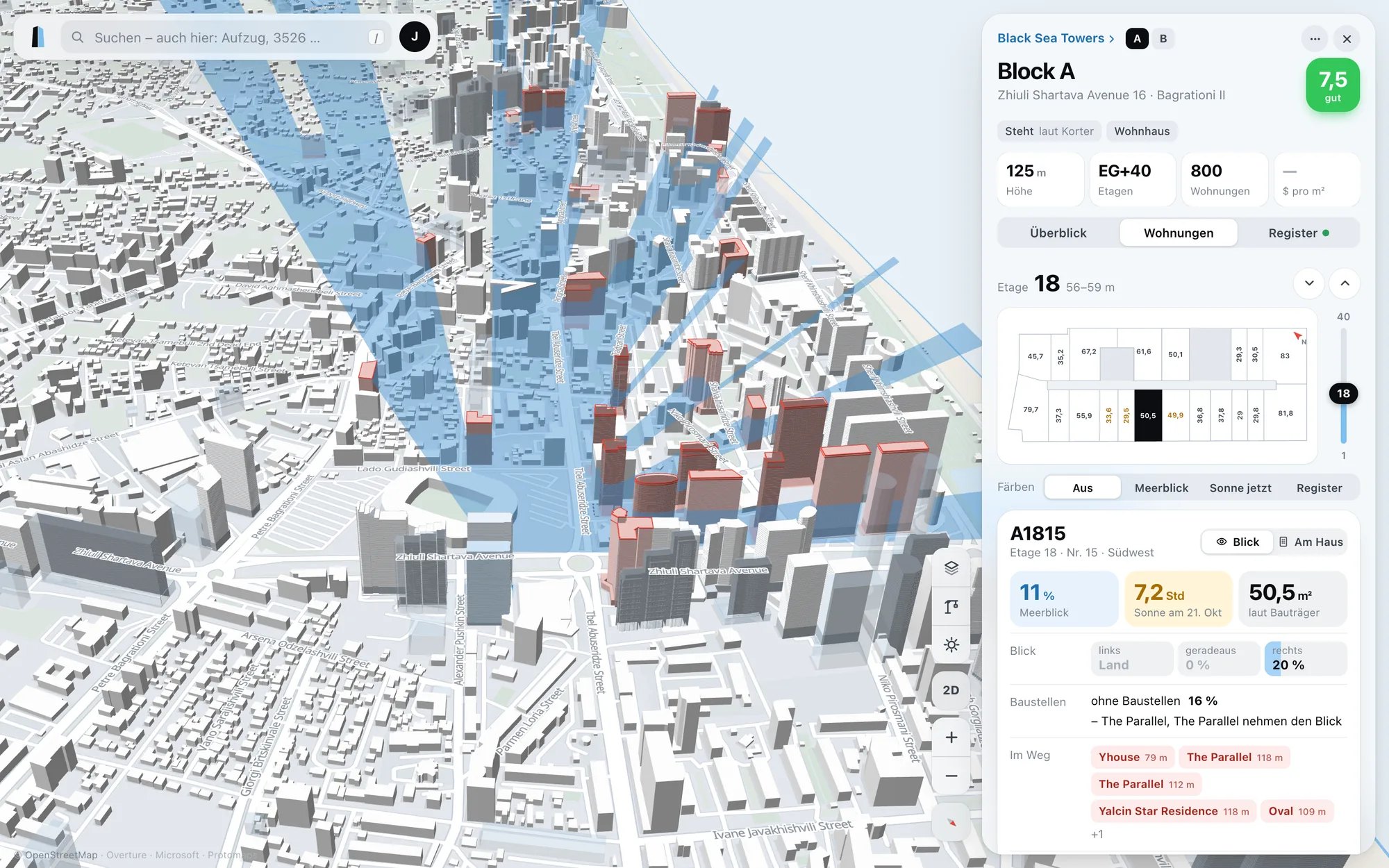 Otves Atlas: Blickfeld einer Wohnung im 18. Stock mit Meerblick-Anteil, Sonnenstunden und verdeckenden Häusern