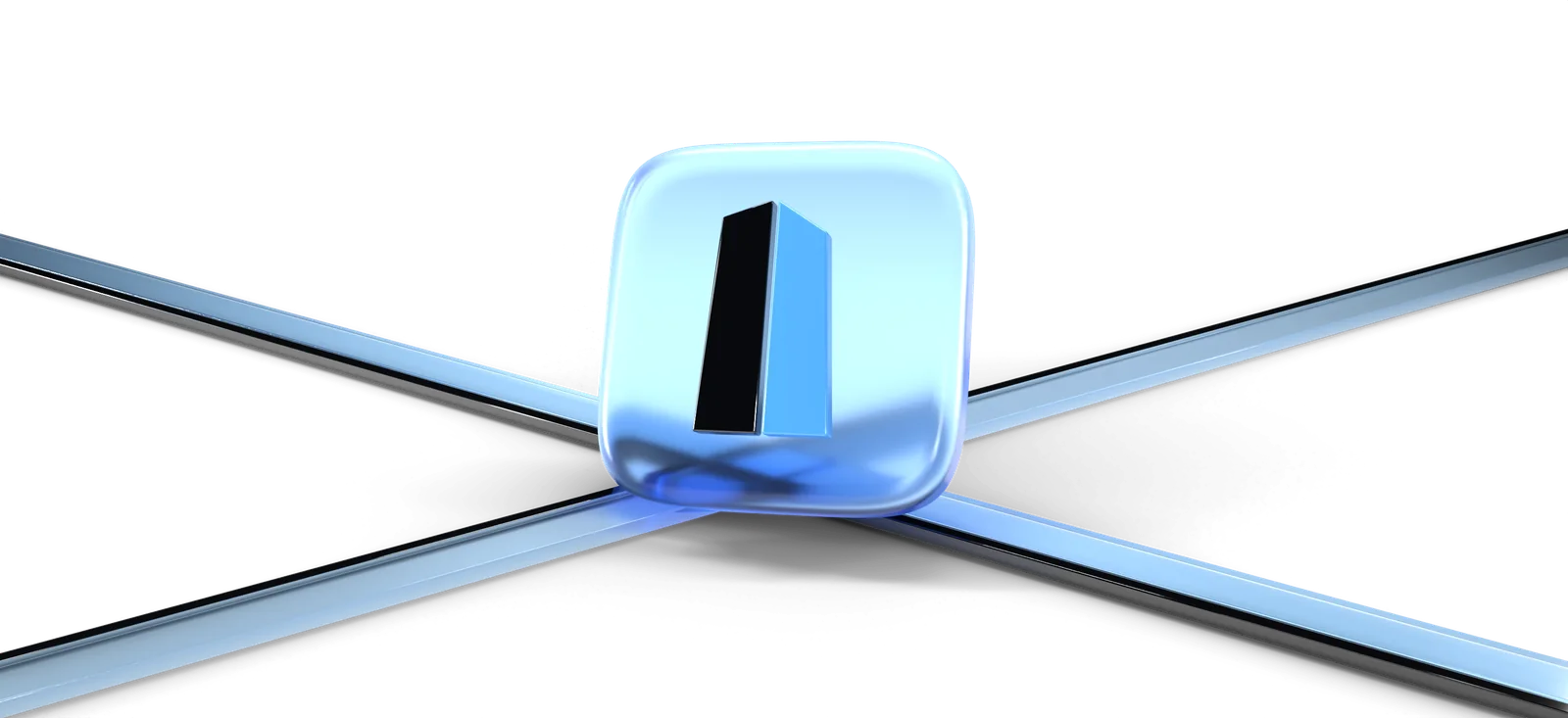 Gläsernes App-Symbol von Otves Studio über zwei gekreuzten Glasschienen